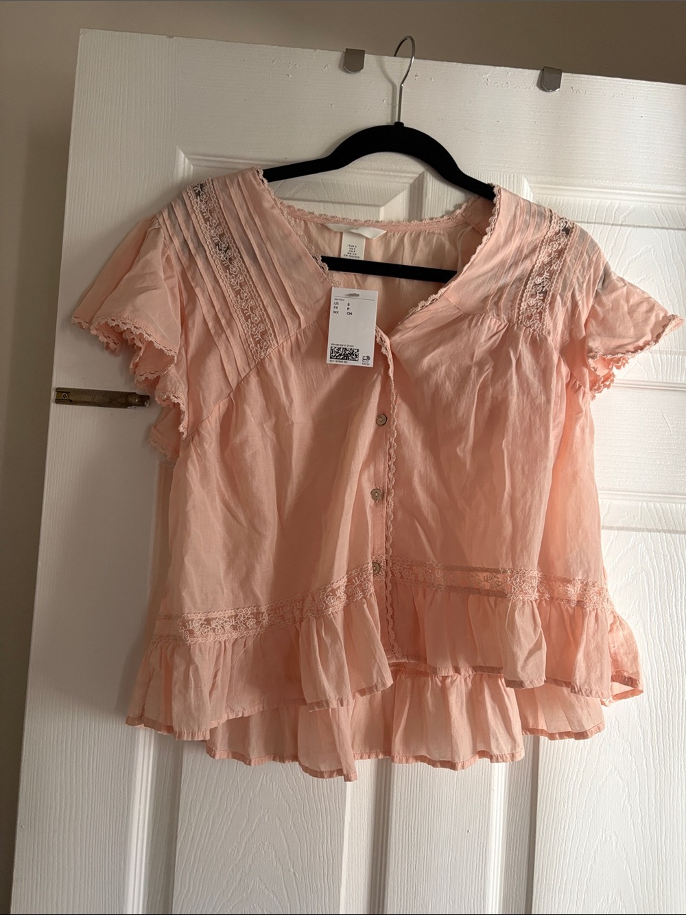 Peach Lace-Trim Ruffle Button Front Blouse